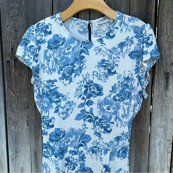 Reformation Gavin Midi Dress Olympia Floral Blue White 12 - Picture 4 of 16